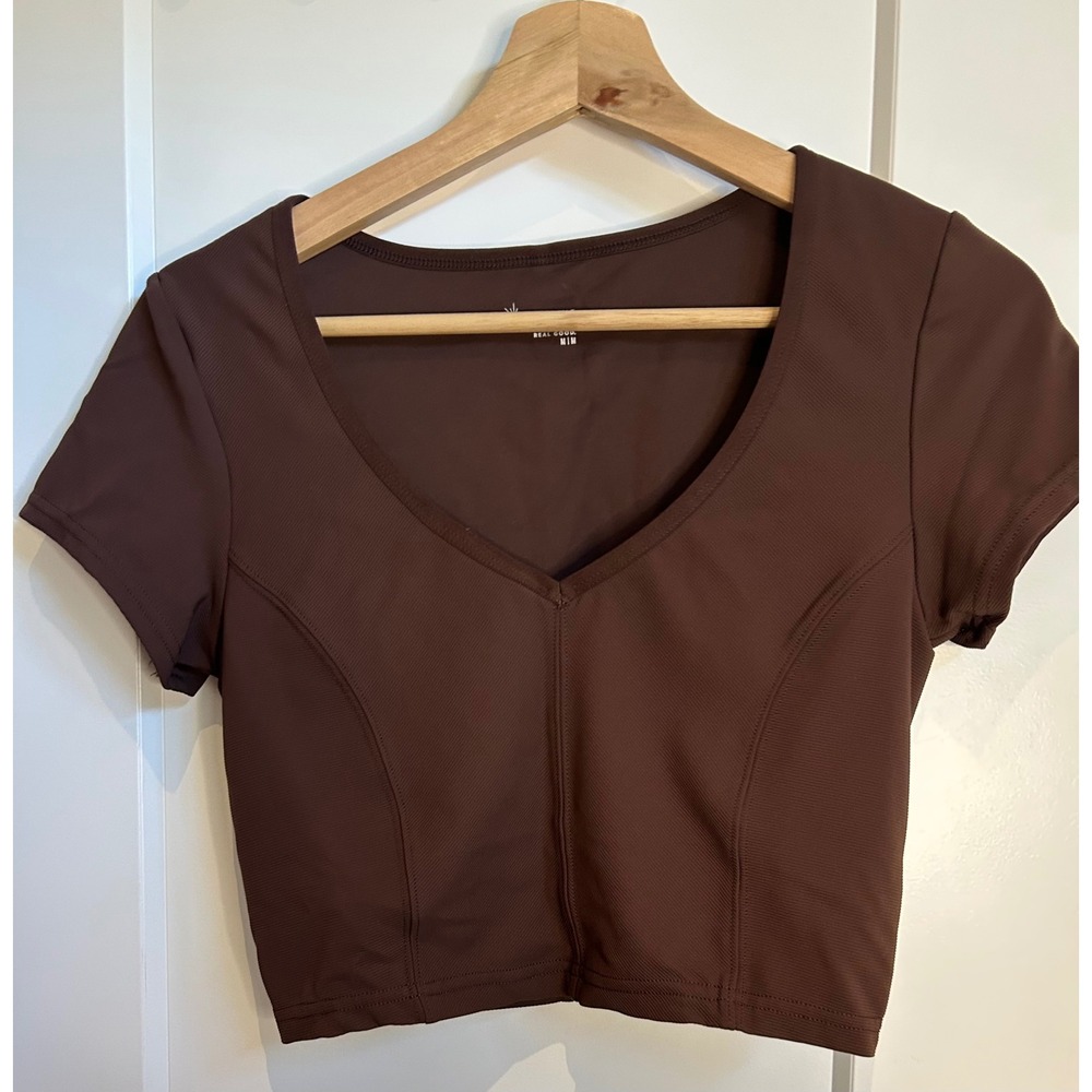 OFFLINE by Aerie Real Good Brown V-Neck Ribbed Cropped Activewear Top Medium
